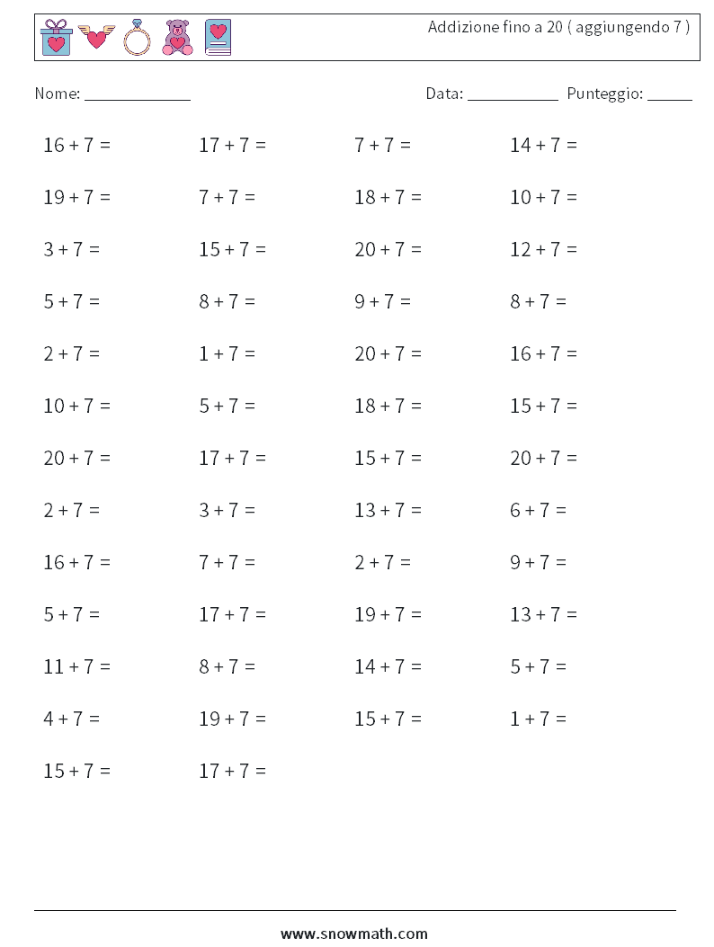 (50) Addizione fino a 20 ( aggiungendo 7 ) Fogli di lavoro di matematica 8