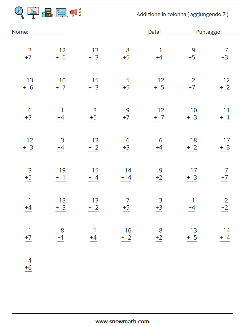 (50) Addizione in colonna ( aggiungendo 7 ) Fogli di lavoro di matematica 10