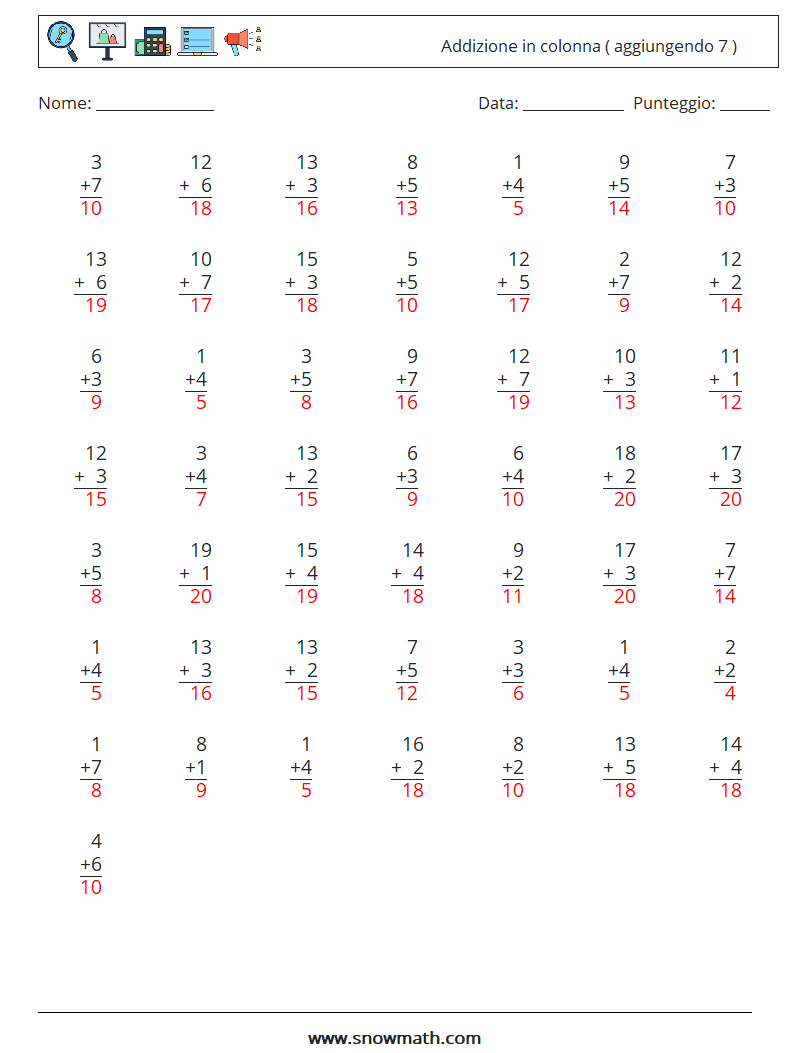 (50) Addizione in colonna ( aggiungendo 7 ) Fogli di lavoro di matematica 10 Domanda, Risposta
