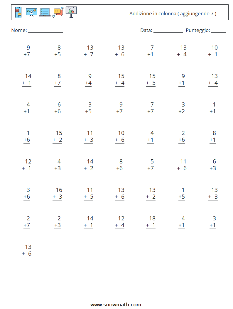 (50) Addizione in colonna ( aggiungendo 7 ) Fogli di lavoro di matematica 11