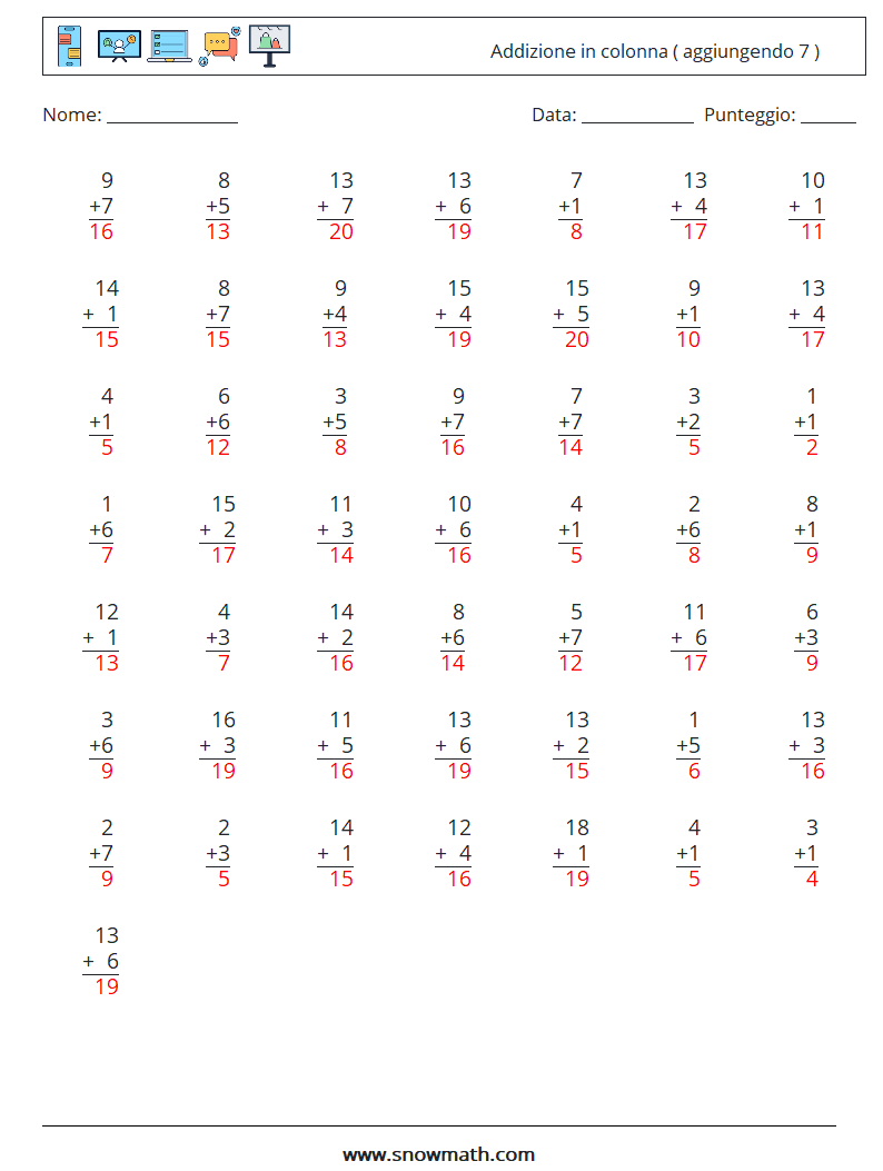 (50) Addizione in colonna ( aggiungendo 7 ) Fogli di lavoro di matematica 11 Domanda, Risposta
