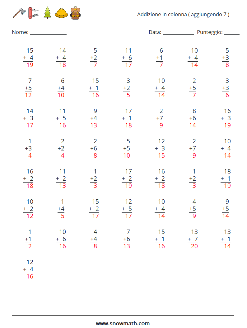 (50) Addizione in colonna ( aggiungendo 7 ) Fogli di lavoro di matematica 12 Domanda, Risposta