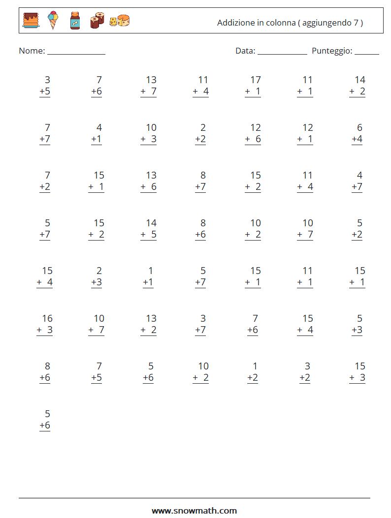 (50) Addizione in colonna ( aggiungendo 7 ) Fogli di lavoro di matematica 13