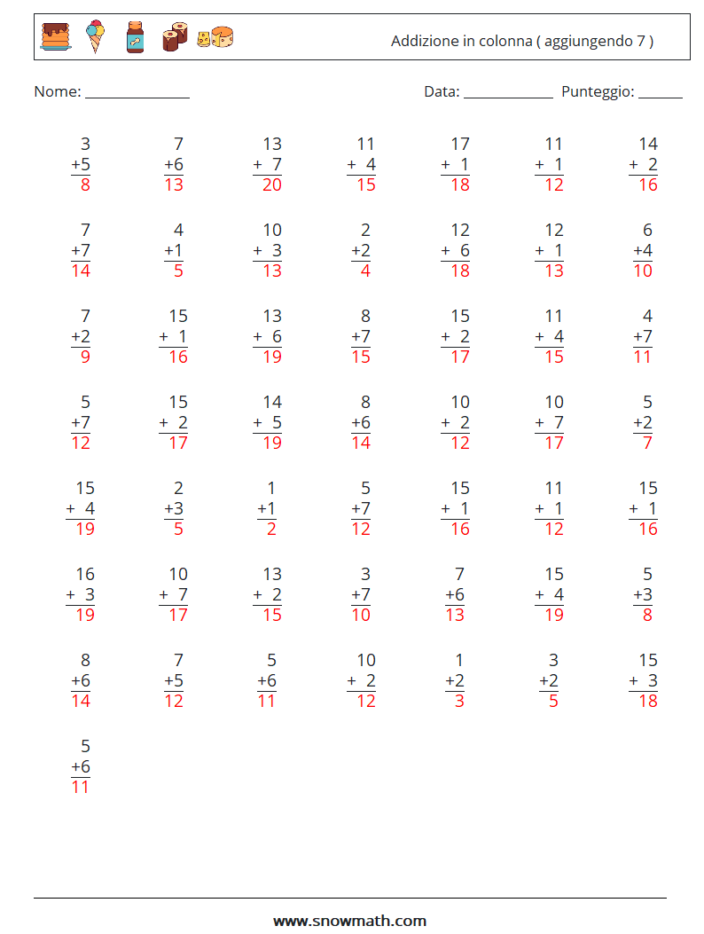 (50) Addizione in colonna ( aggiungendo 7 ) Fogli di lavoro di matematica 13 Domanda, Risposta