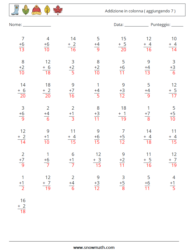 (50) Addizione in colonna ( aggiungendo 7 ) Fogli di lavoro di matematica 15 Domanda, Risposta