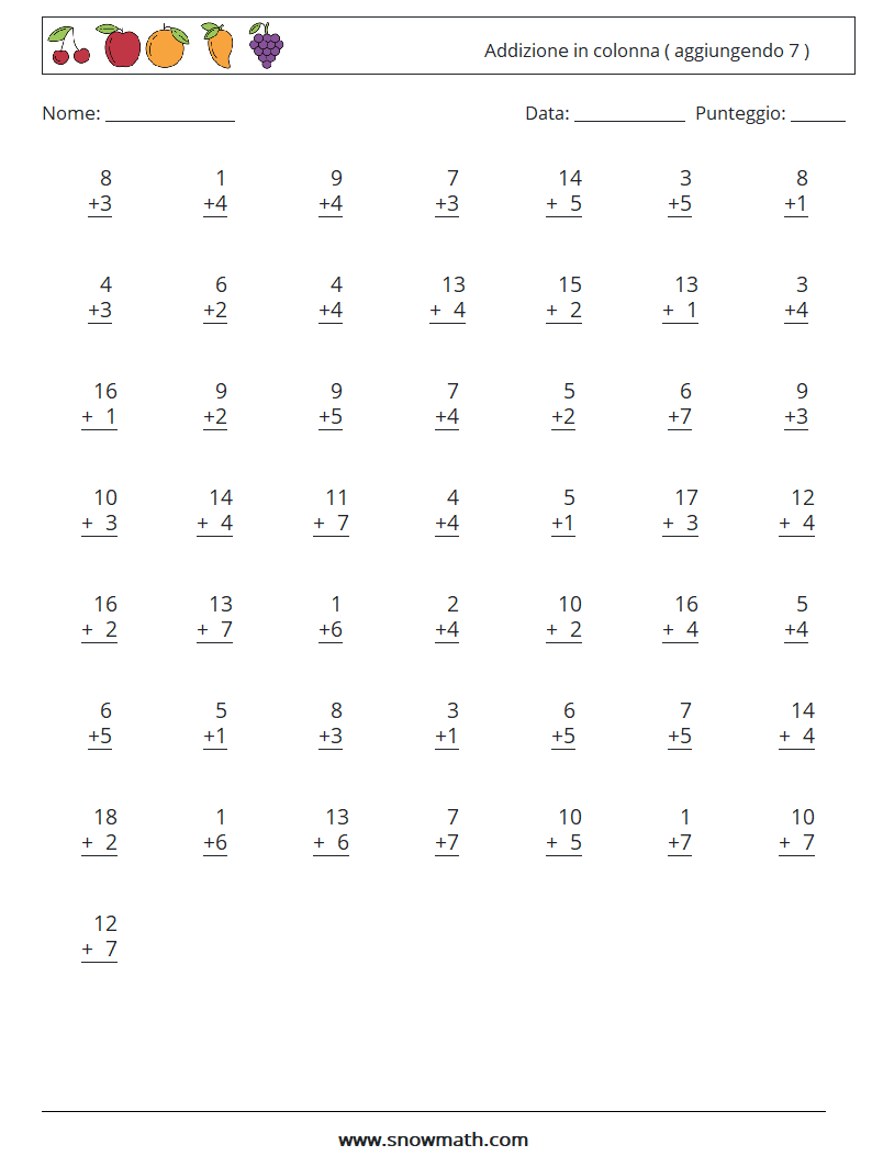 (50) Addizione in colonna ( aggiungendo 7 ) Fogli di lavoro di matematica 16