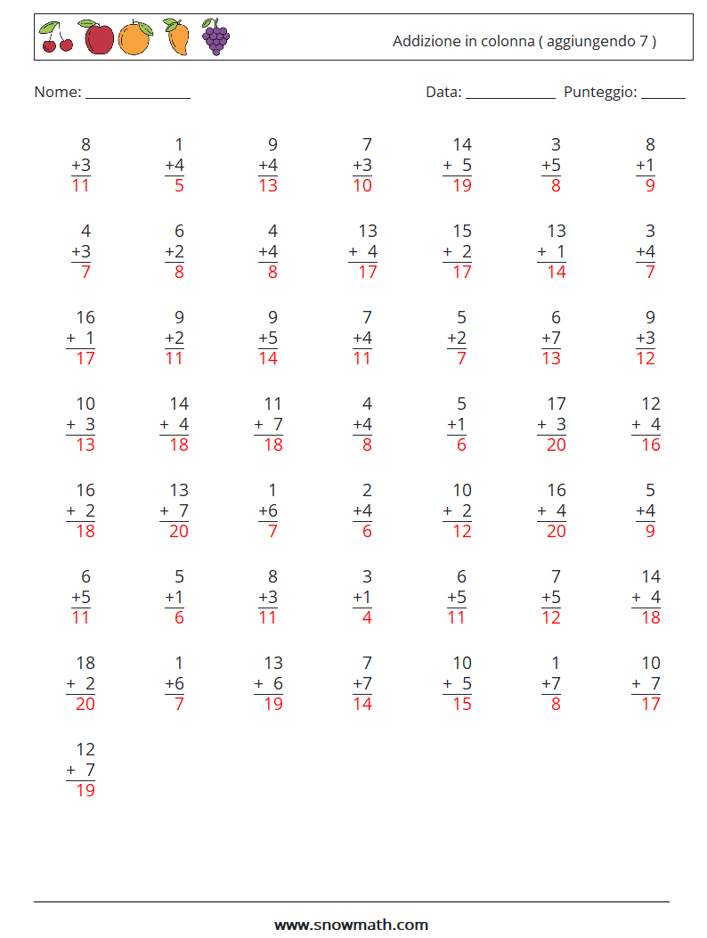 (50) Addizione in colonna ( aggiungendo 7 ) Fogli di lavoro di matematica 16 Domanda, Risposta