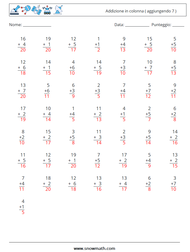 (50) Addizione in colonna ( aggiungendo 7 ) Fogli di lavoro di matematica 17 Domanda, Risposta