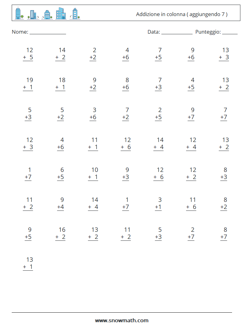 (50) Addizione in colonna ( aggiungendo 7 ) Fogli di lavoro di matematica 18