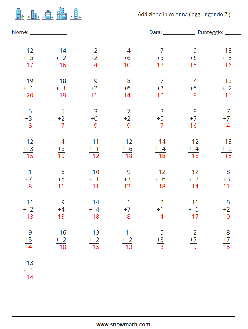 (50) Addizione in colonna ( aggiungendo 7 ) Fogli di lavoro di matematica 18 Domanda, Risposta