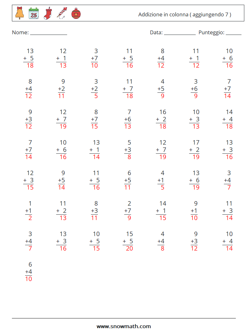 (50) Addizione in colonna ( aggiungendo 7 ) Fogli di lavoro di matematica 1 Domanda, Risposta
