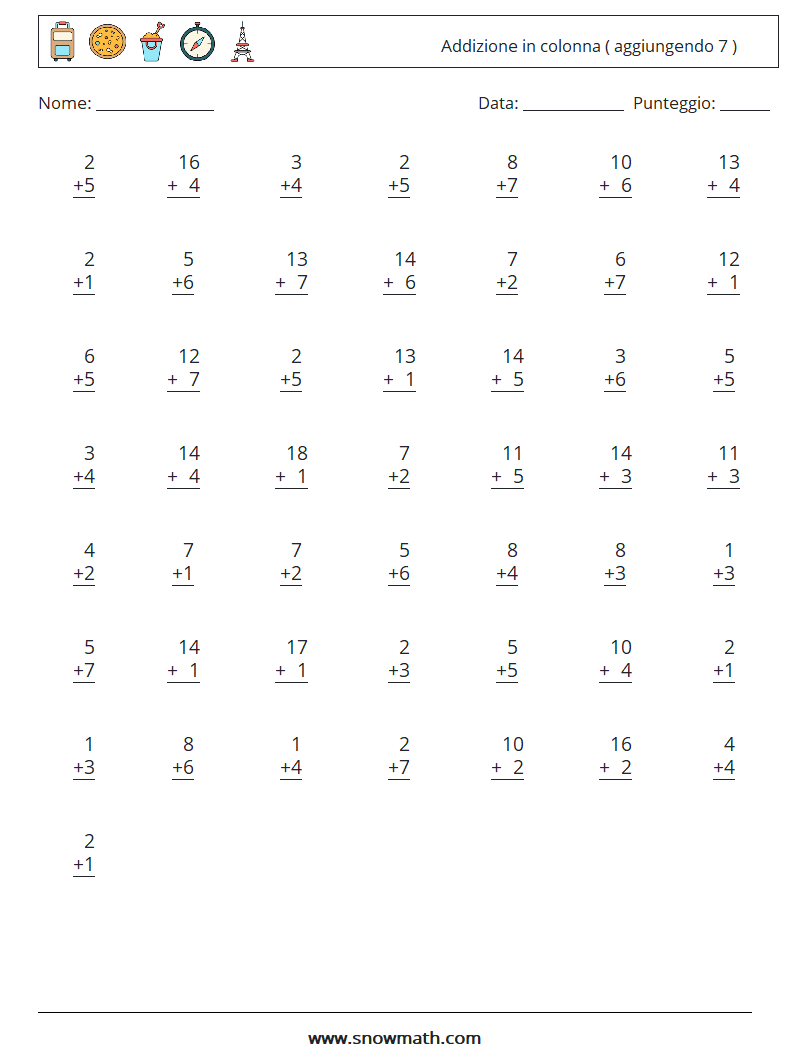 (50) Addizione in colonna ( aggiungendo 7 ) Fogli di lavoro di matematica 2