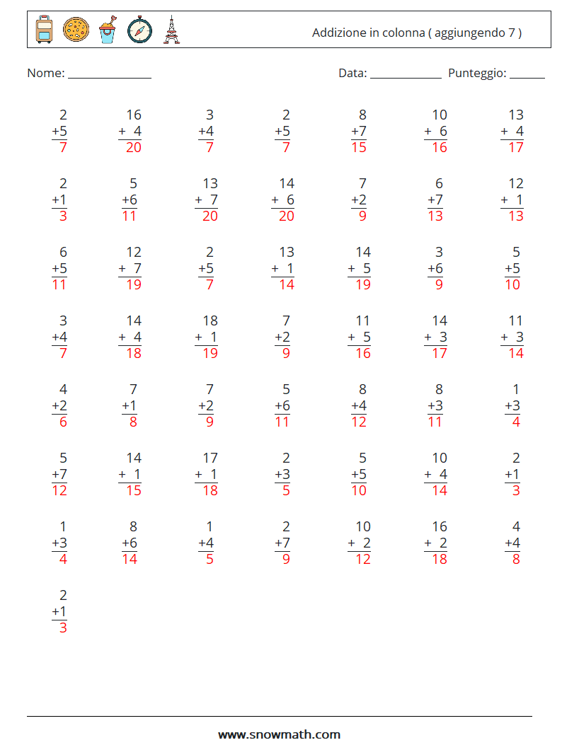 (50) Addizione in colonna ( aggiungendo 7 ) Fogli di lavoro di matematica 2 Domanda, Risposta