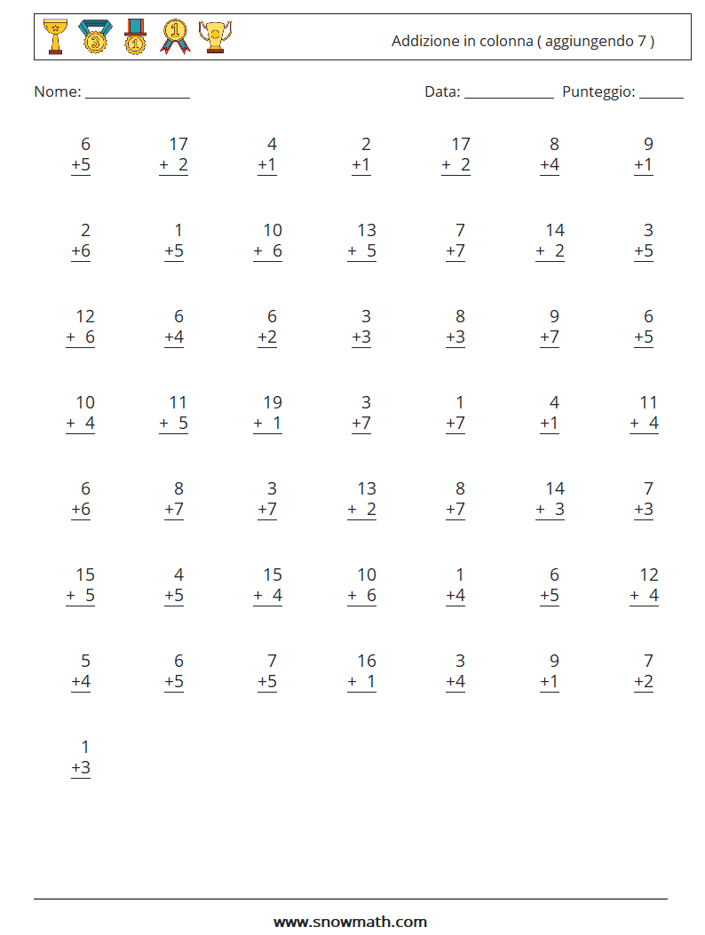 (50) Addizione in colonna ( aggiungendo 7 ) Fogli di lavoro di matematica 3