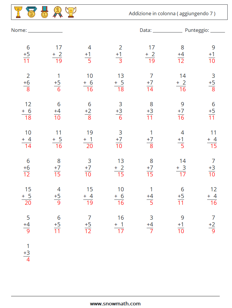 (50) Addizione in colonna ( aggiungendo 7 ) Fogli di lavoro di matematica 3 Domanda, Risposta