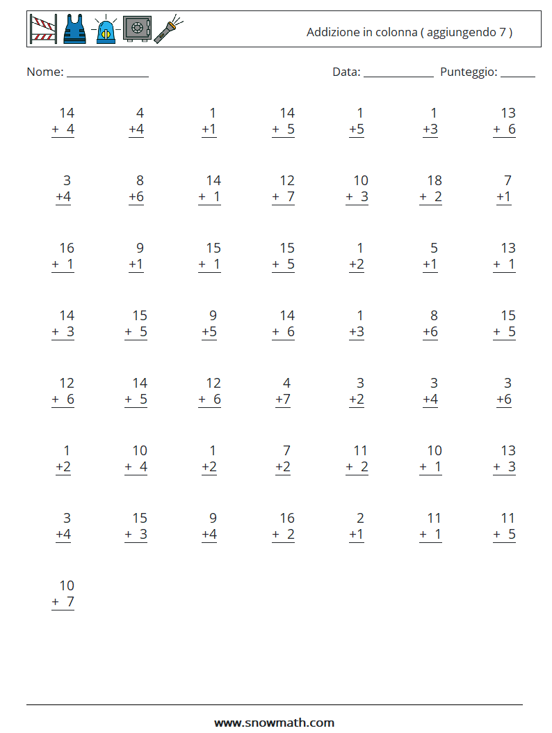(50) Addizione in colonna ( aggiungendo 7 ) Fogli di lavoro di matematica 4
