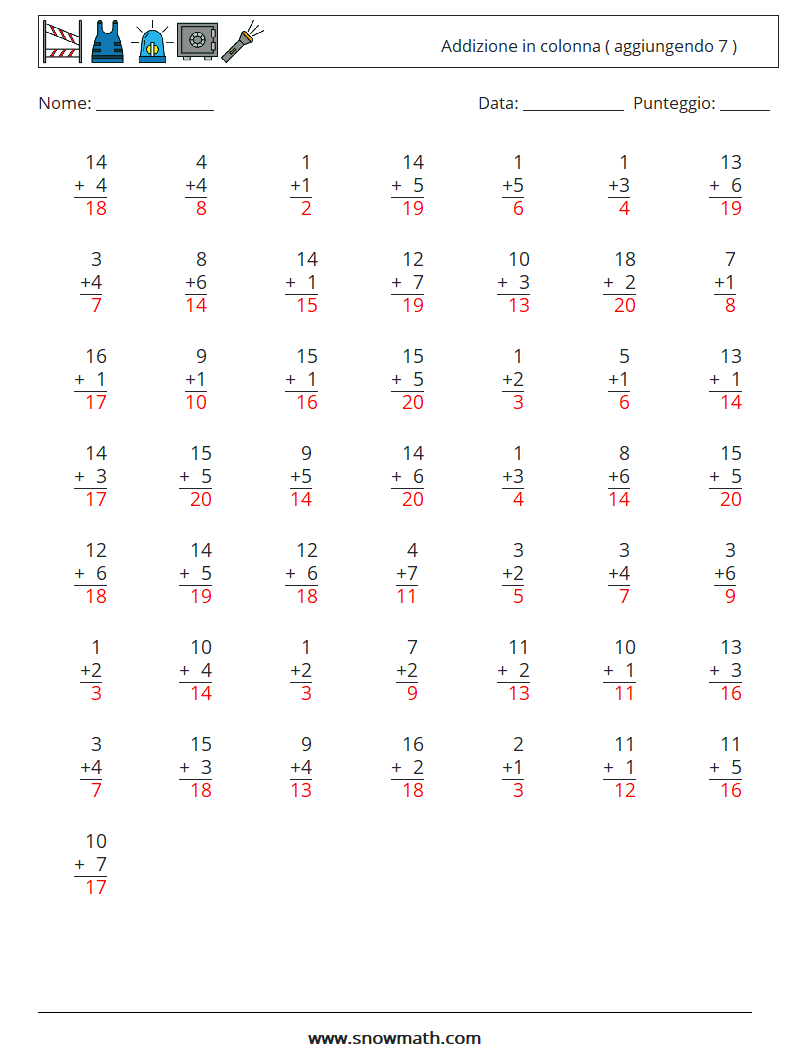 (50) Addizione in colonna ( aggiungendo 7 ) Fogli di lavoro di matematica 4 Domanda, Risposta