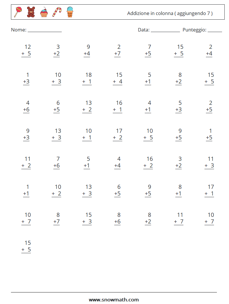 (50) Addizione in colonna ( aggiungendo 7 ) Fogli di lavoro di matematica 5