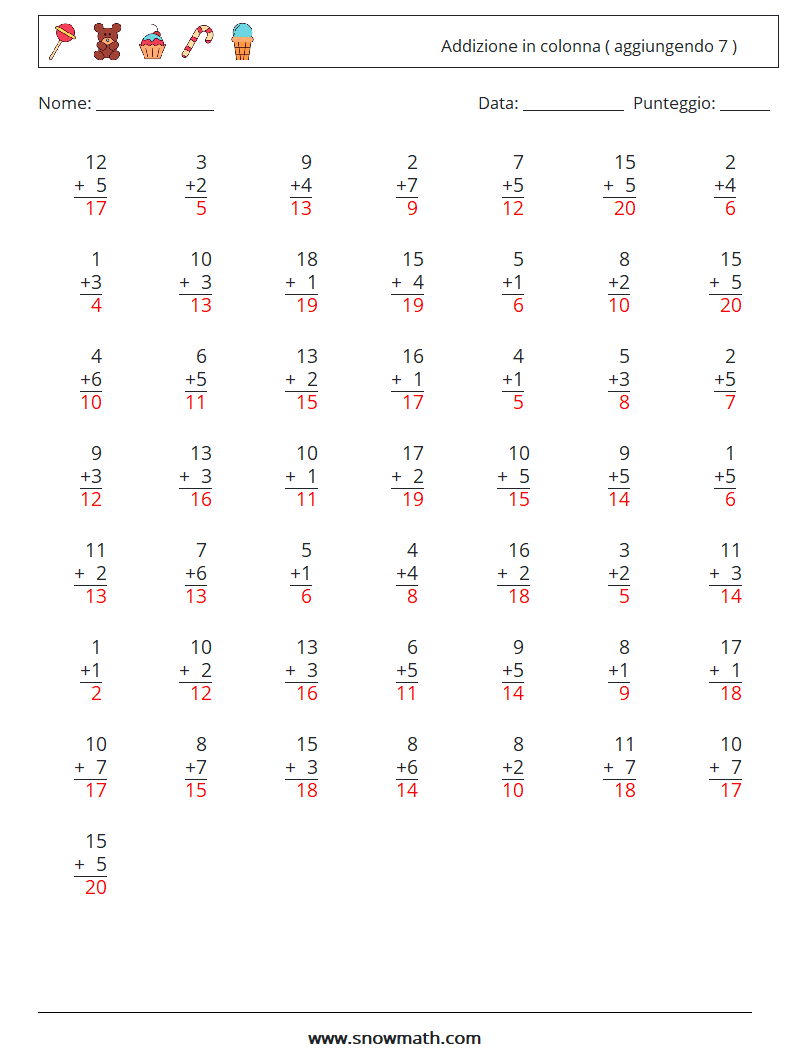(50) Addizione in colonna ( aggiungendo 7 ) Fogli di lavoro di matematica 5 Domanda, Risposta