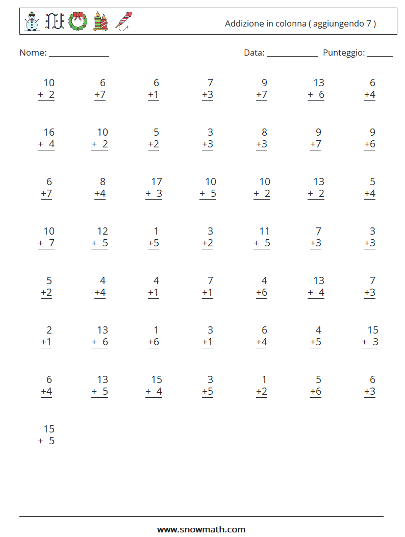 (50) Addizione in colonna ( aggiungendo 7 ) Fogli di lavoro di matematica 6