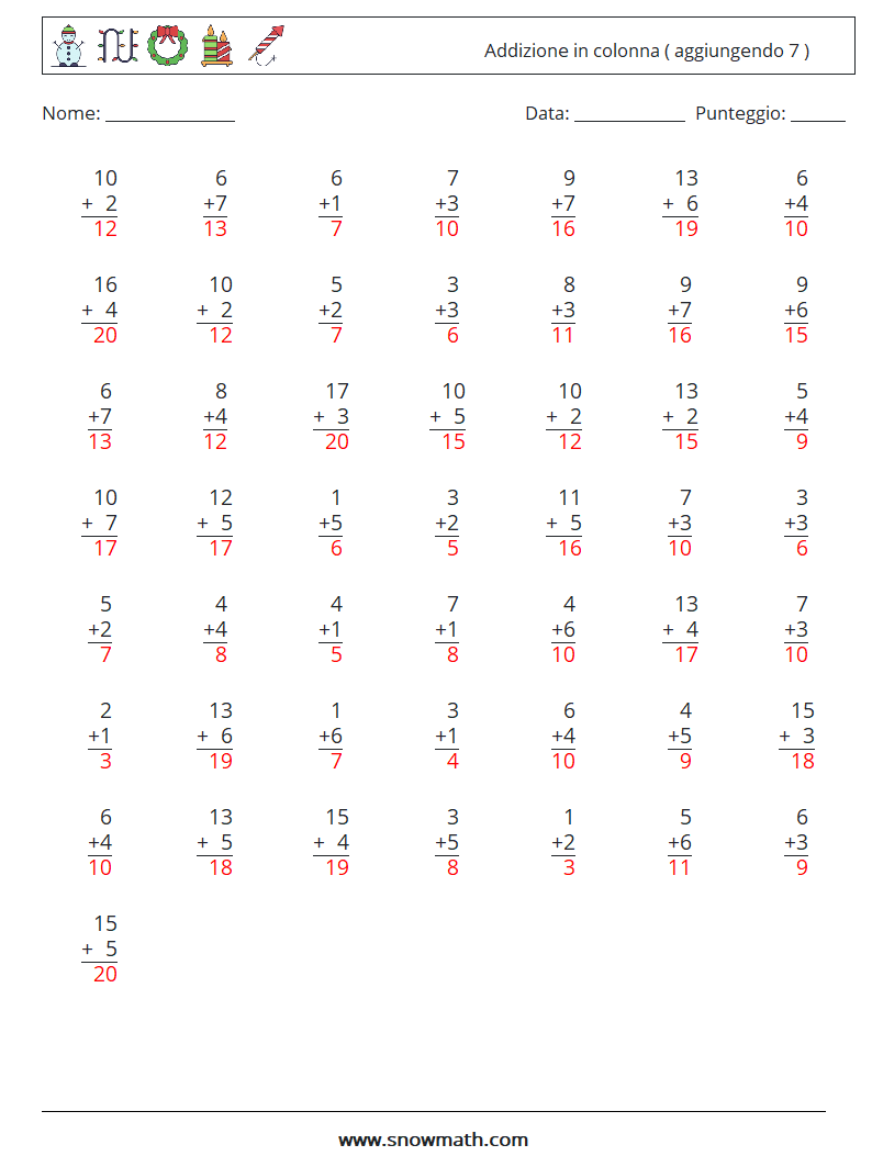 (50) Addizione in colonna ( aggiungendo 7 ) Fogli di lavoro di matematica 6 Domanda, Risposta