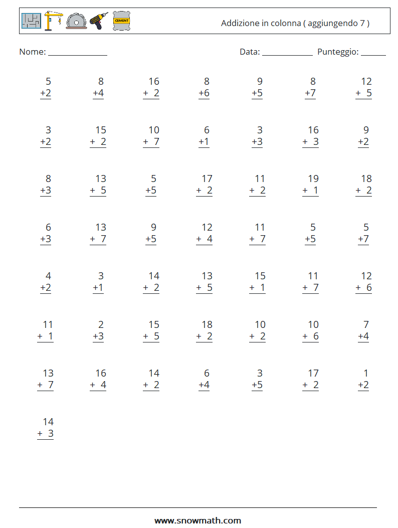 (50) Addizione in colonna ( aggiungendo 7 ) Fogli di lavoro di matematica 7