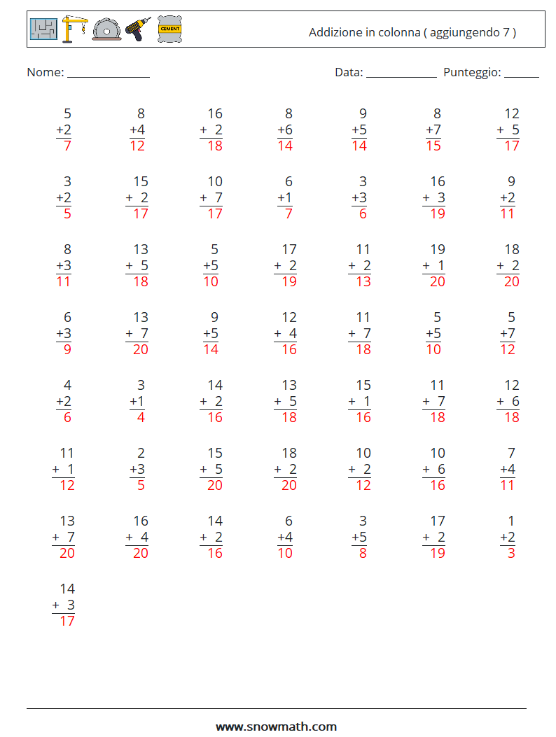 (50) Addizione in colonna ( aggiungendo 7 ) Fogli di lavoro di matematica 7 Domanda, Risposta