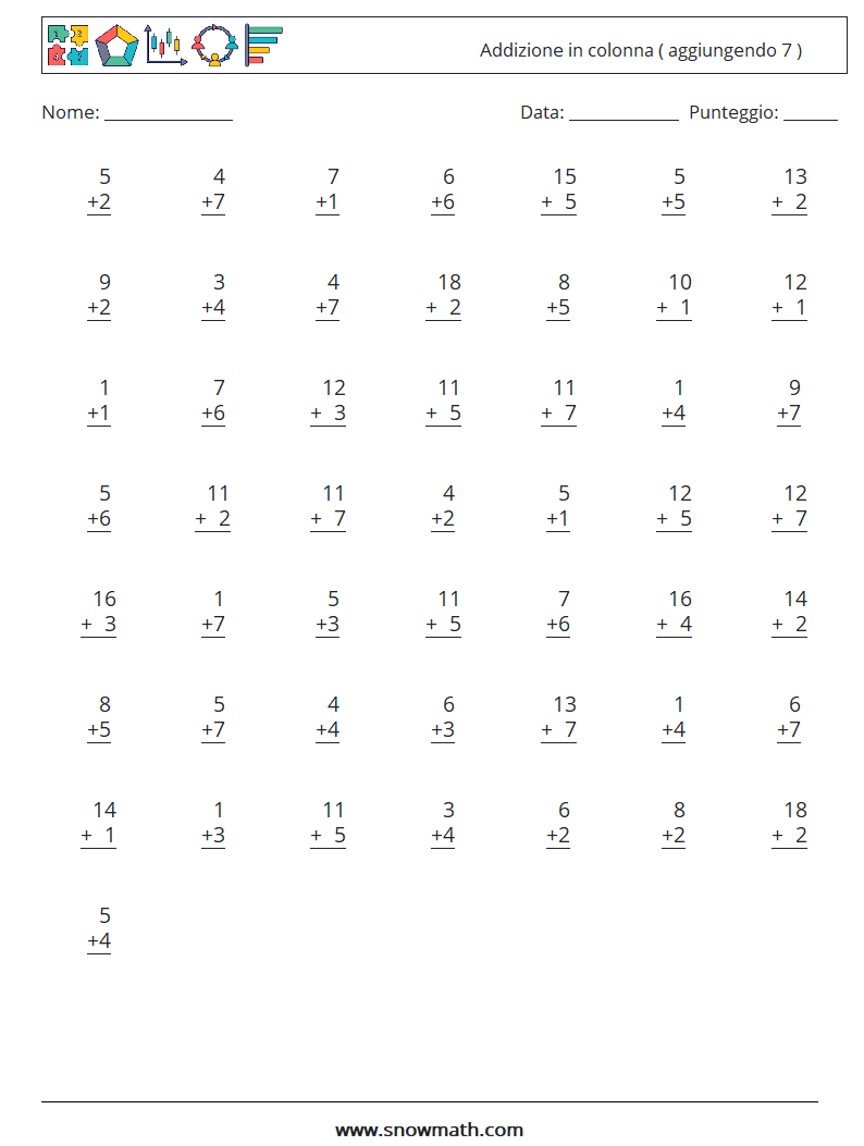 (50) Addizione in colonna ( aggiungendo 7 ) Fogli di lavoro di matematica 8
