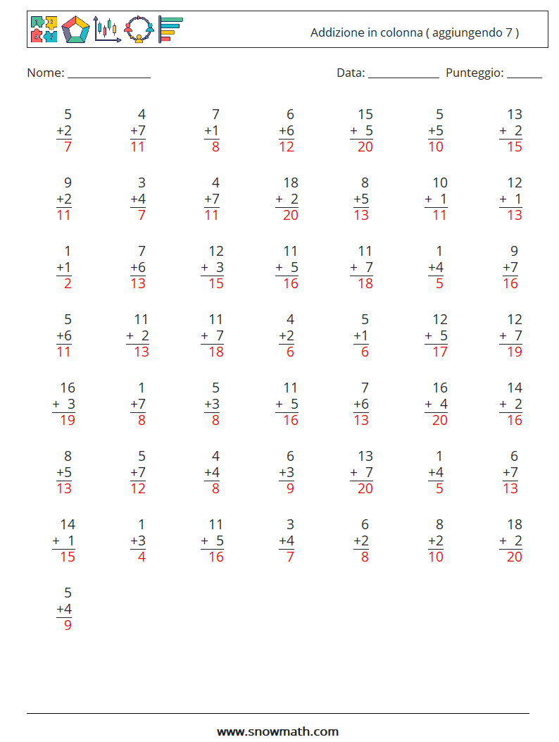 (50) Addizione in colonna ( aggiungendo 7 ) Fogli di lavoro di matematica 8 Domanda, Risposta