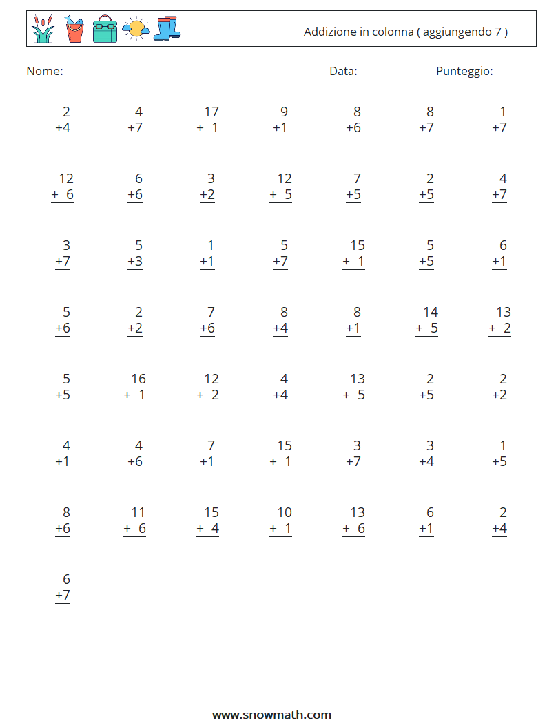 (50) Addizione in colonna ( aggiungendo 7 ) Fogli di lavoro di matematica 9