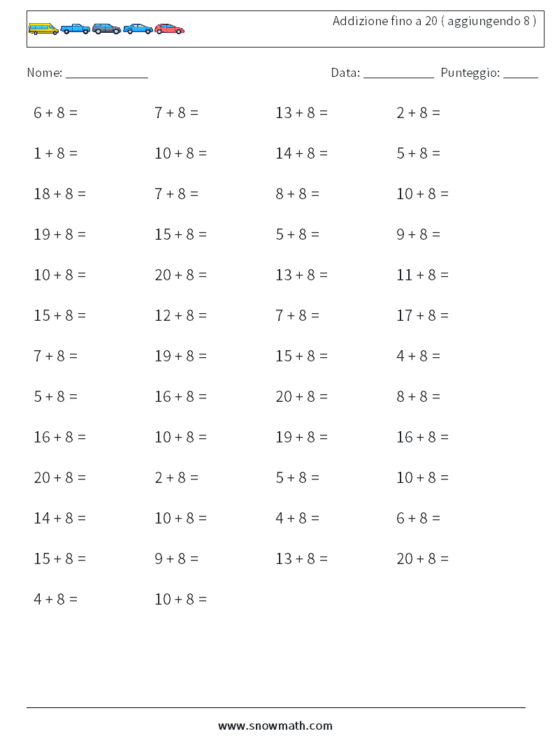 (50) Addizione fino a 20 ( aggiungendo 8 ) Fogli di lavoro di matematica 7