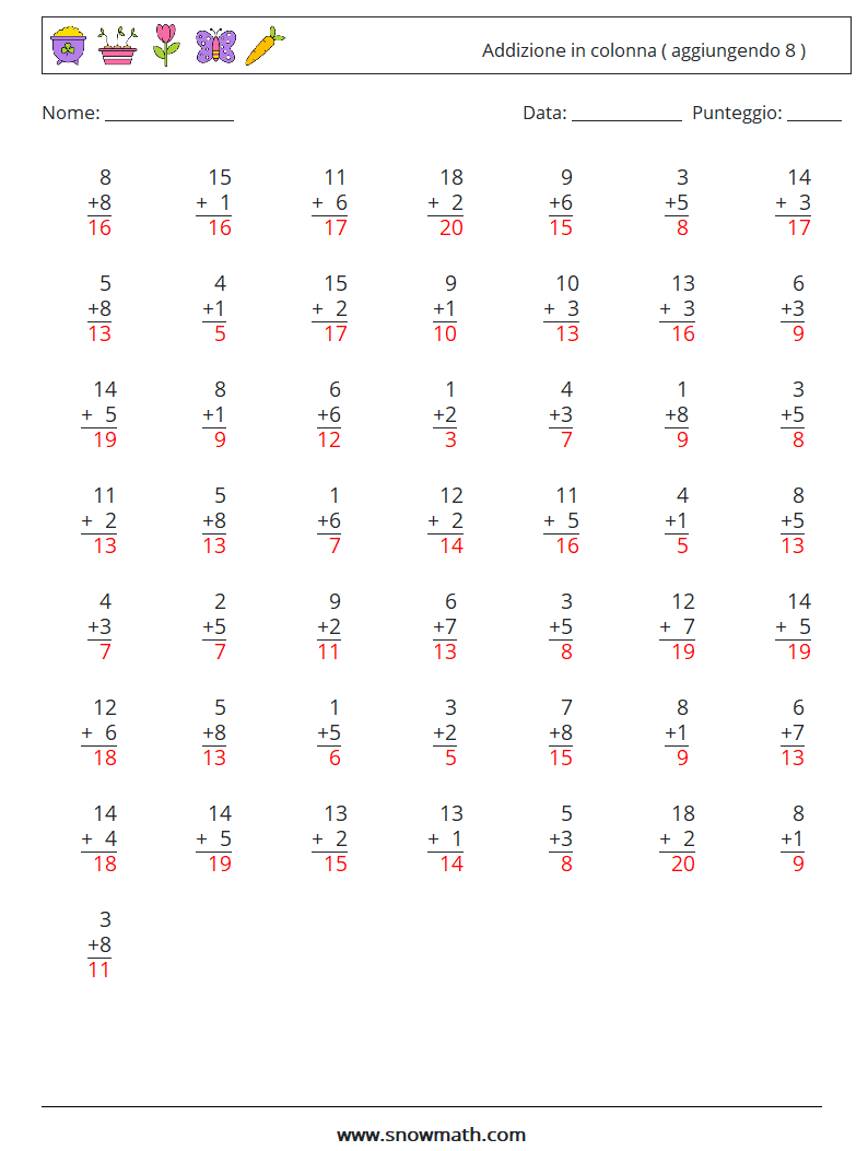 (50) Addizione in colonna ( aggiungendo 8 ) Fogli di lavoro di matematica 12 Domanda, Risposta