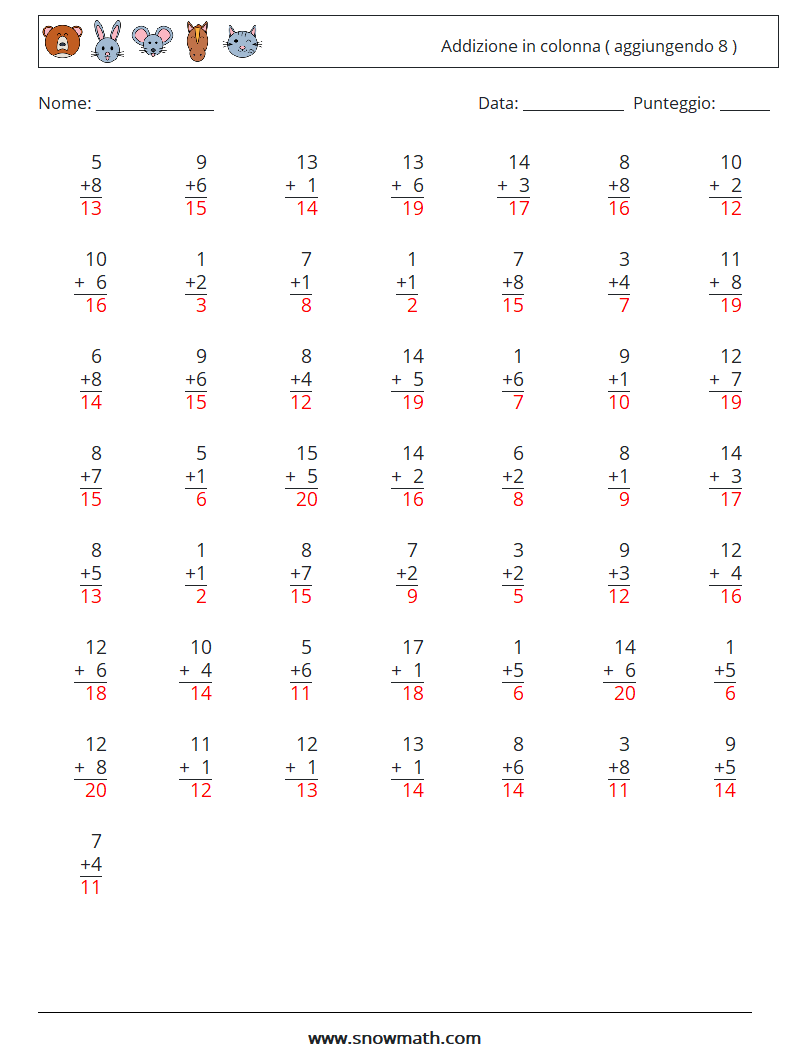 (50) Addizione in colonna ( aggiungendo 8 ) Fogli di lavoro di matematica 14 Domanda, Risposta