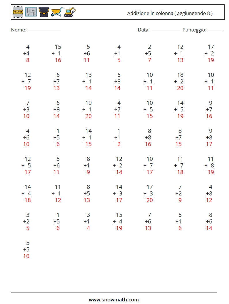 (50) Addizione in colonna ( aggiungendo 8 ) Fogli di lavoro di matematica 18 Domanda, Risposta