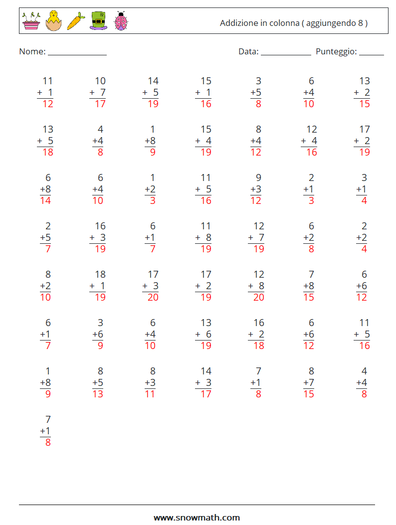 (50) Addizione in colonna ( aggiungendo 8 ) Fogli di lavoro di matematica 8 Domanda, Risposta