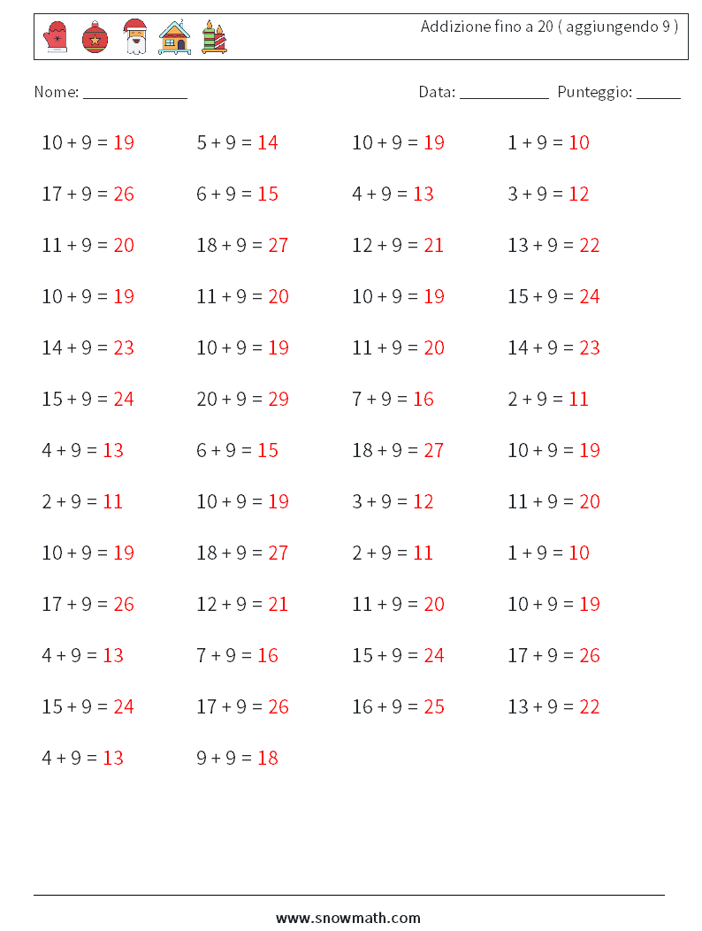 (50) Addizione fino a 20 ( aggiungendo 9 ) Fogli di lavoro di matematica 1 Domanda, Risposta