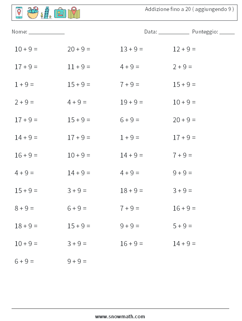 (50) Addizione fino a 20 ( aggiungendo 9 ) Fogli di lavoro di matematica 2