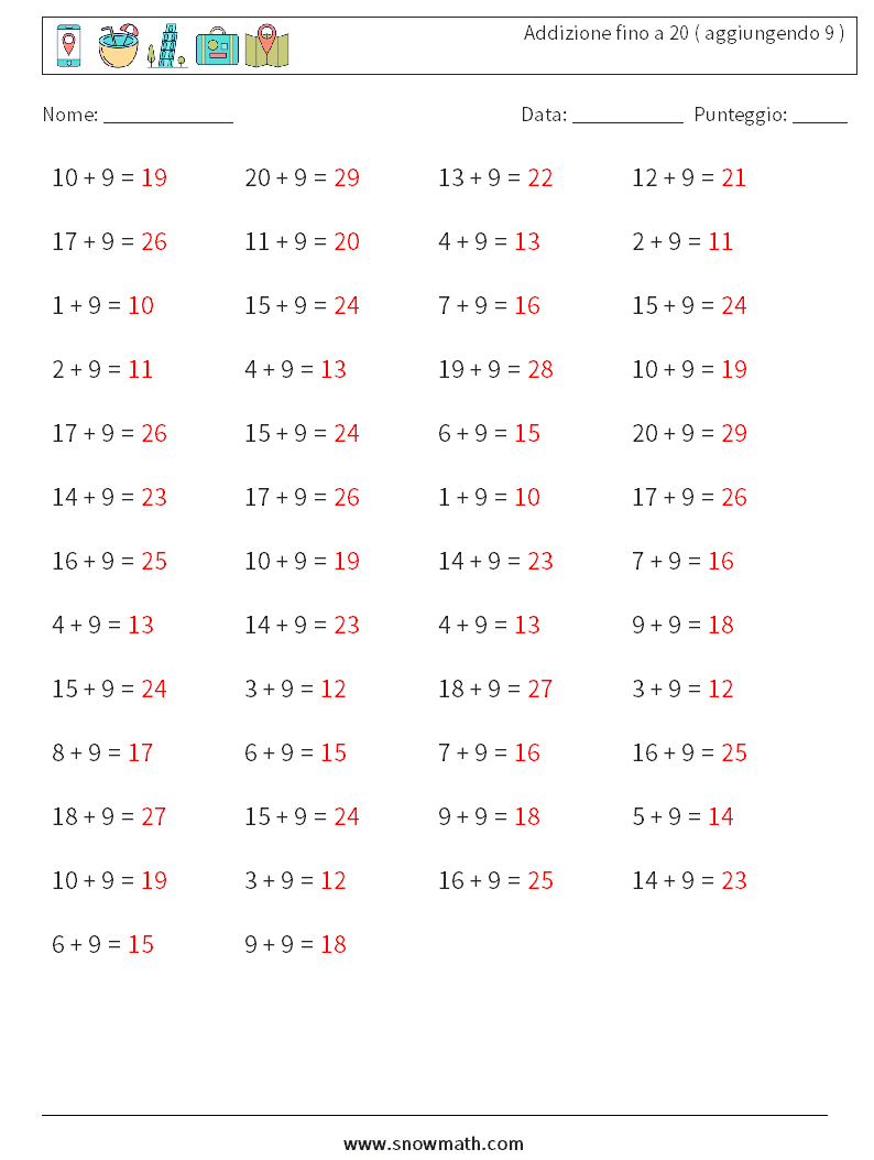 (50) Addizione fino a 20 ( aggiungendo 9 ) Fogli di lavoro di matematica 2 Domanda, Risposta