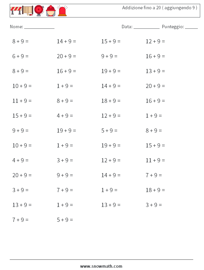 (50) Addizione fino a 20 ( aggiungendo 9 ) Fogli di lavoro di matematica 3