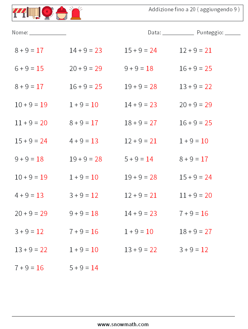 (50) Addizione fino a 20 ( aggiungendo 9 ) Fogli di lavoro di matematica 3 Domanda, Risposta