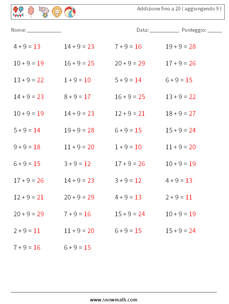(50) Addizione fino a 20 ( aggiungendo 9 ) Fogli di lavoro di matematica 4 Domanda, Risposta