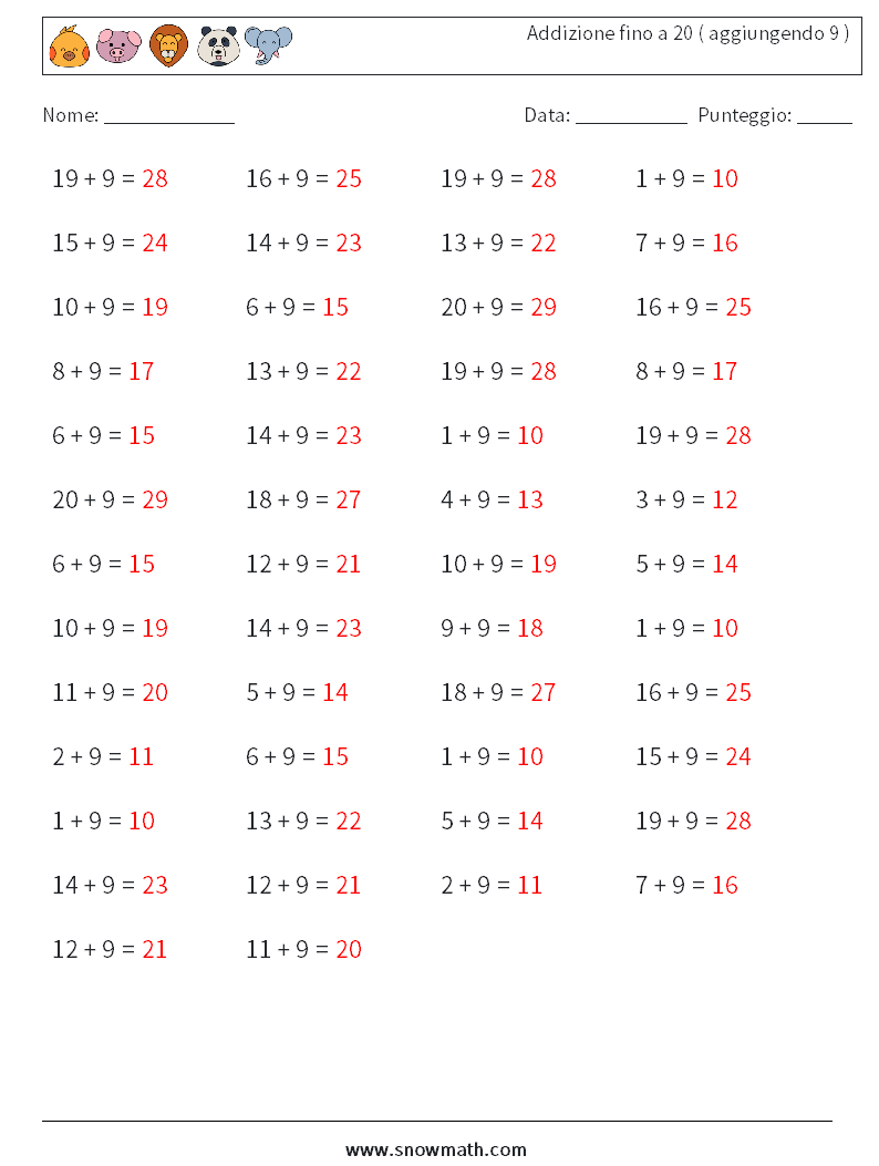 (50) Addizione fino a 20 ( aggiungendo 9 ) Fogli di lavoro di matematica 5 Domanda, Risposta