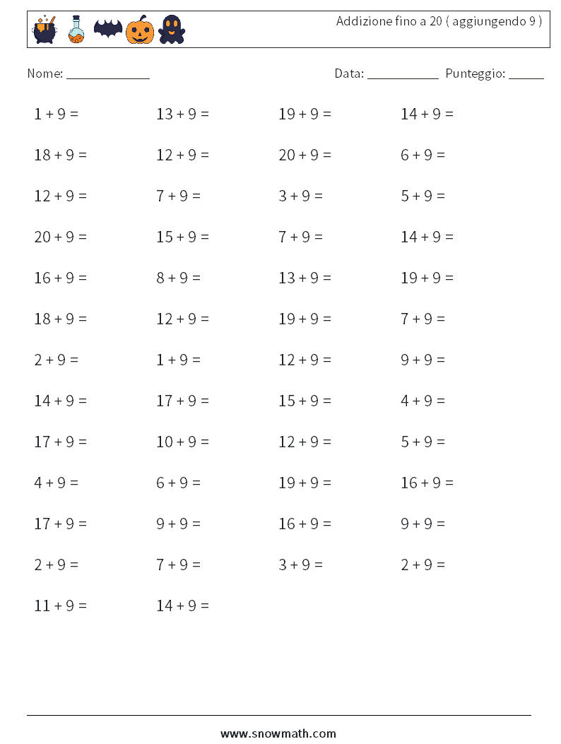 (50) Addizione fino a 20 ( aggiungendo 9 ) Fogli di lavoro di matematica 6