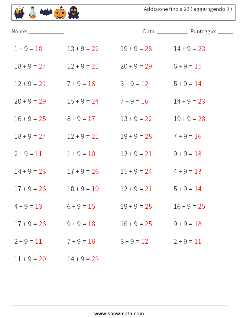 (50) Addizione fino a 20 ( aggiungendo 9 ) Fogli di lavoro di matematica 6 Domanda, Risposta