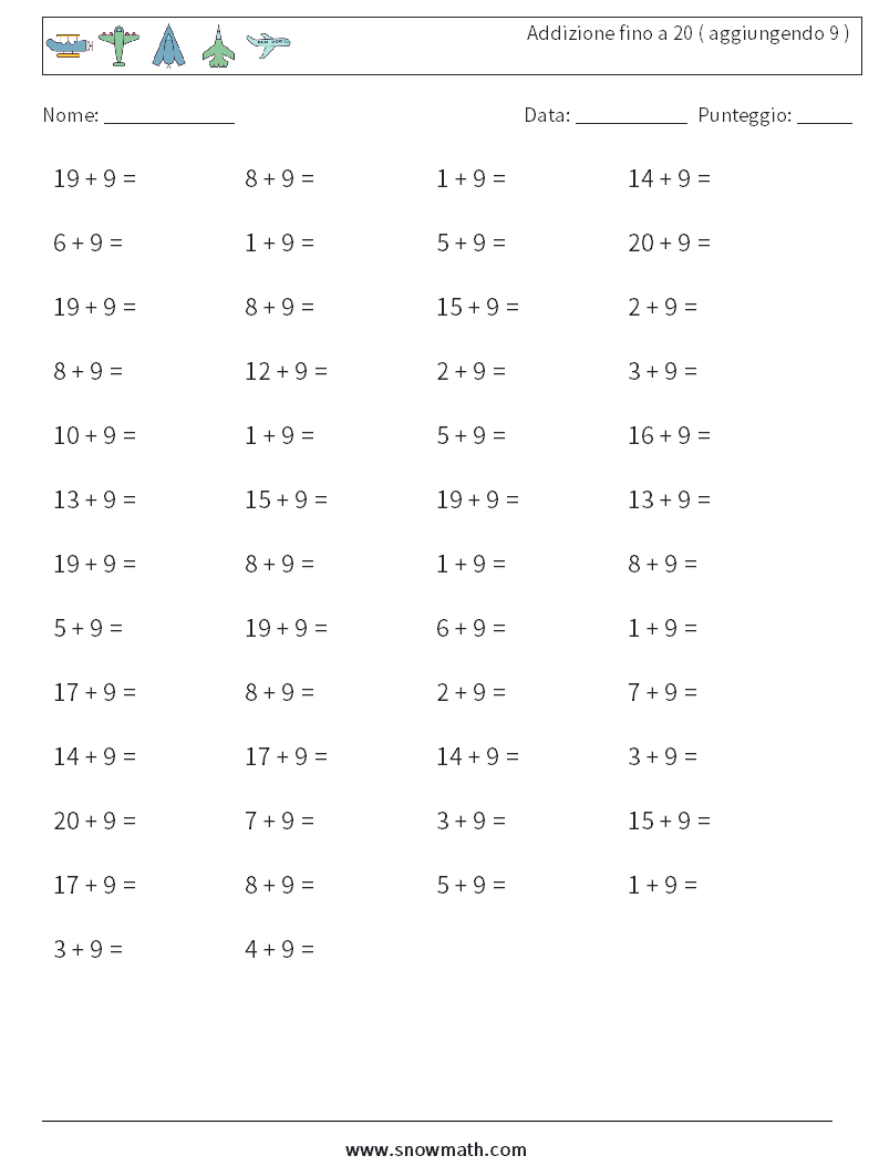 (50) Addizione fino a 20 ( aggiungendo 9 ) Fogli di lavoro di matematica 7