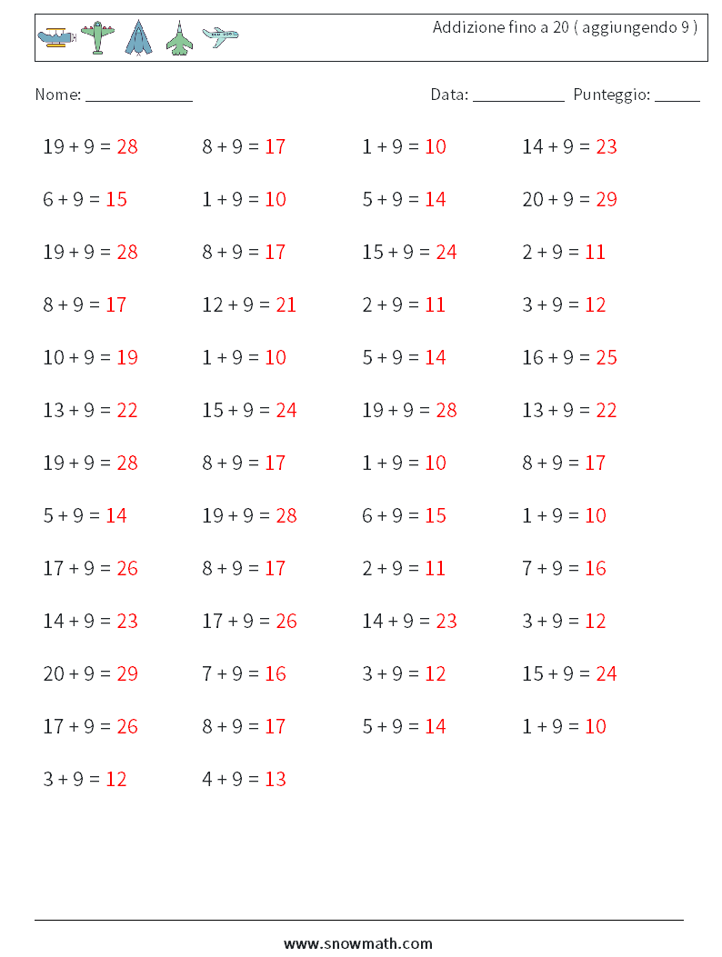 (50) Addizione fino a 20 ( aggiungendo 9 ) Fogli di lavoro di matematica 7 Domanda, Risposta
