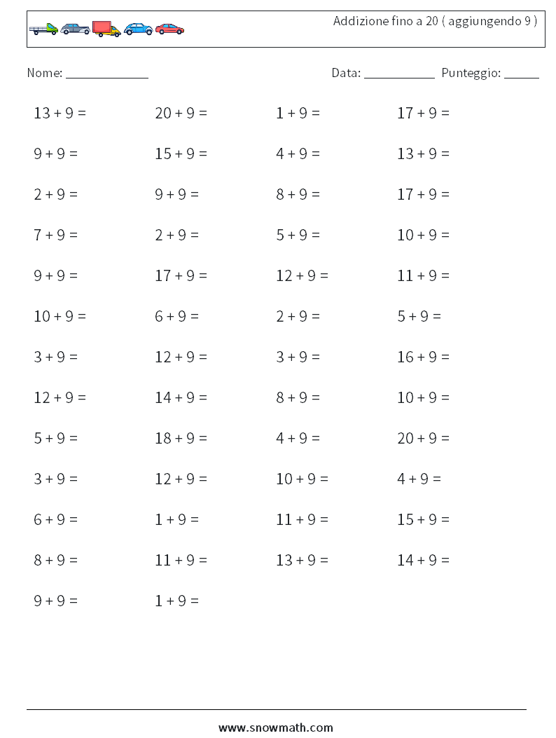 (50) Addizione fino a 20 ( aggiungendo 9 ) Fogli di lavoro di matematica 8