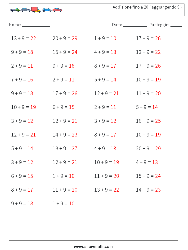 (50) Addizione fino a 20 ( aggiungendo 9 ) Fogli di lavoro di matematica 8 Domanda, Risposta