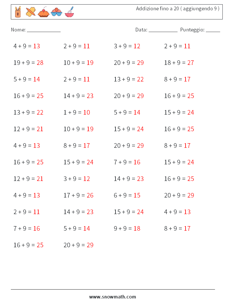 (50) Addizione fino a 20 ( aggiungendo 9 ) Fogli di lavoro di matematica 9 Domanda, Risposta