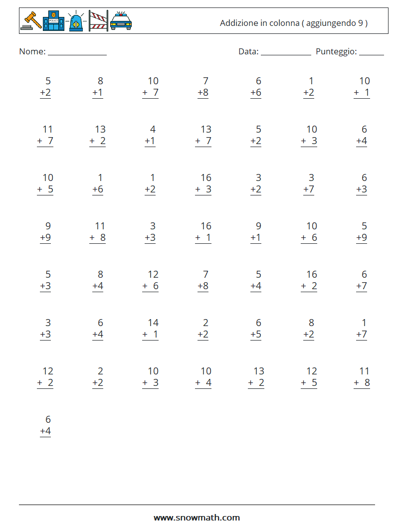 (50) Addizione in colonna ( aggiungendo 9 ) Fogli di lavoro di matematica 8